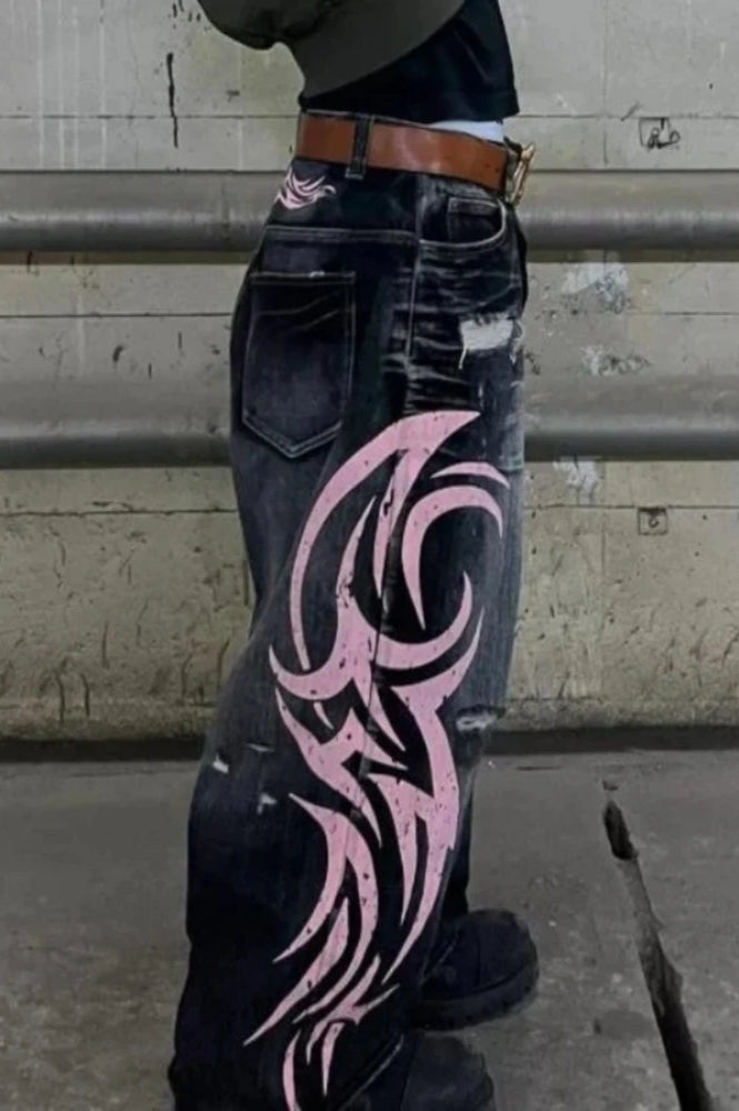 Jeans mit weitem Bein und Druck in Rosa