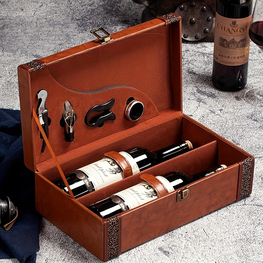 Klassischer 2-Flaschen-Weinträger inklusive Zubehör – Tragbare Geschenkbox