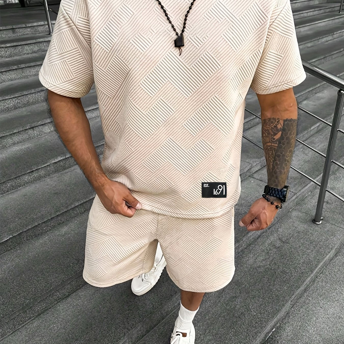 Herren Modisch Jacquard T-Shirt und Shorts Set – Lässig und Sportlich für Warme Tage