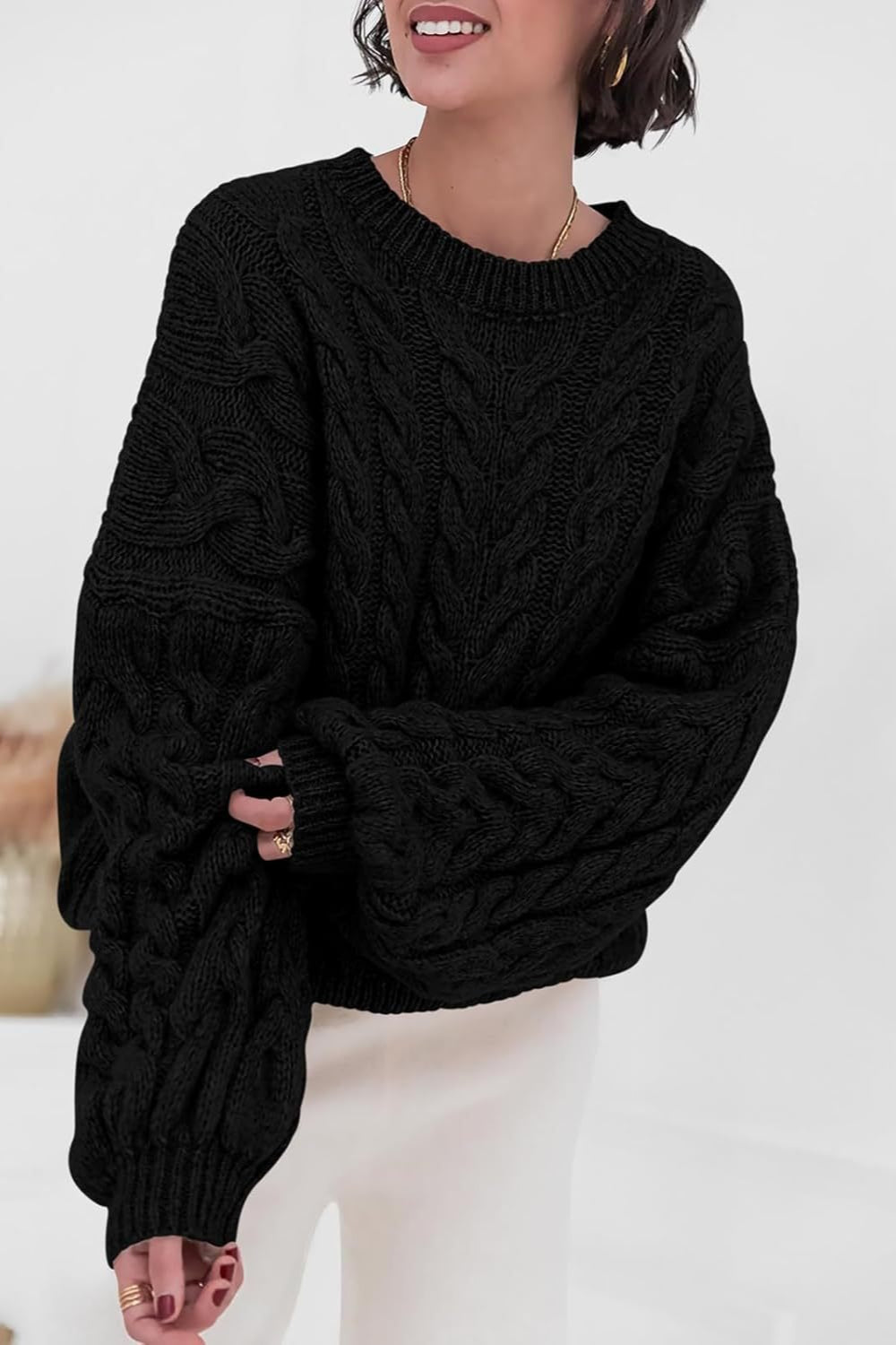 Pullover mit Strickstruktur in Weiß mit Rundhalsausschnitt