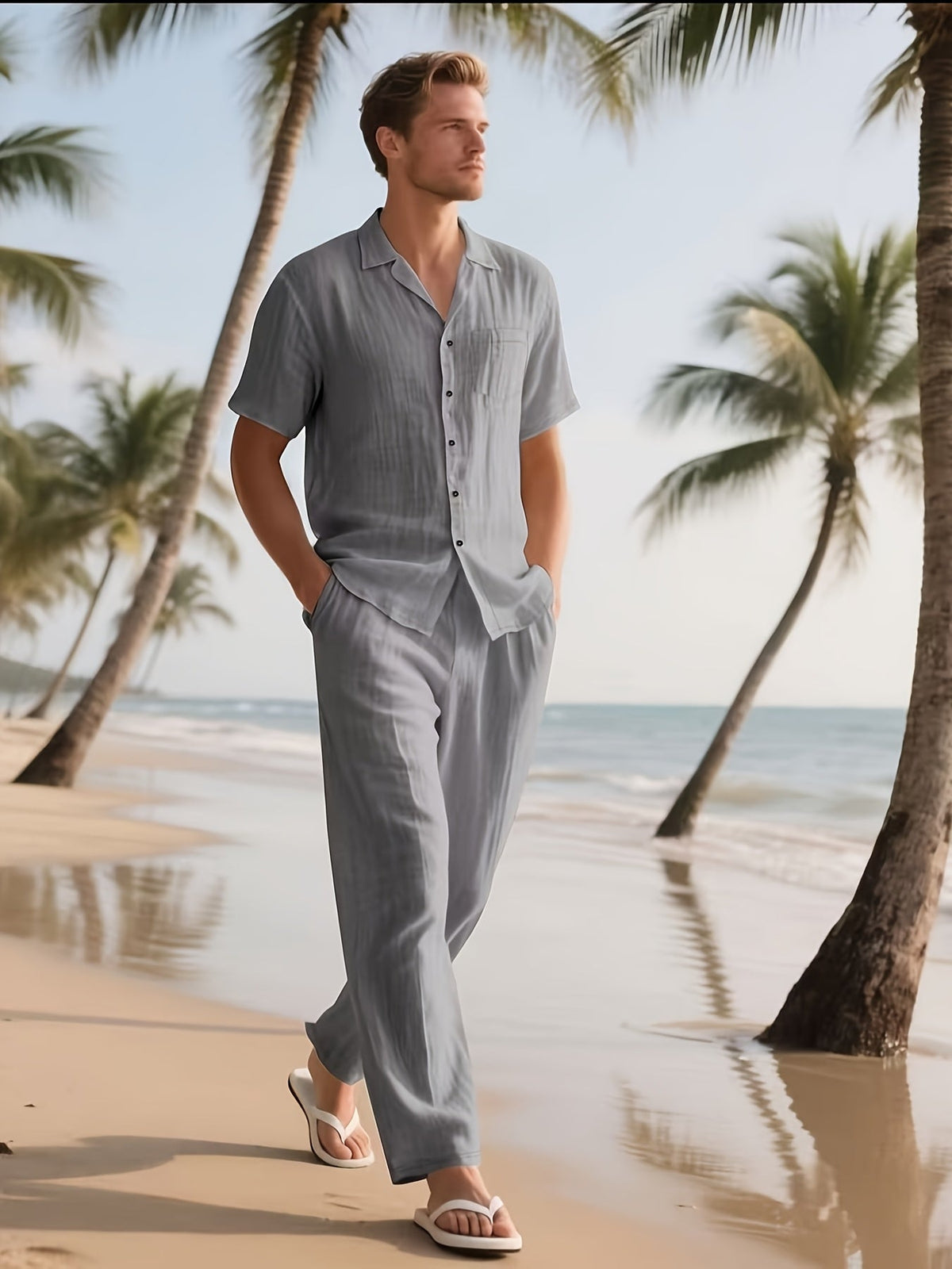 Herren Lässig Leinen Set – Bequem und Luftig mit Langer Hose und Kurzen Ärmeln