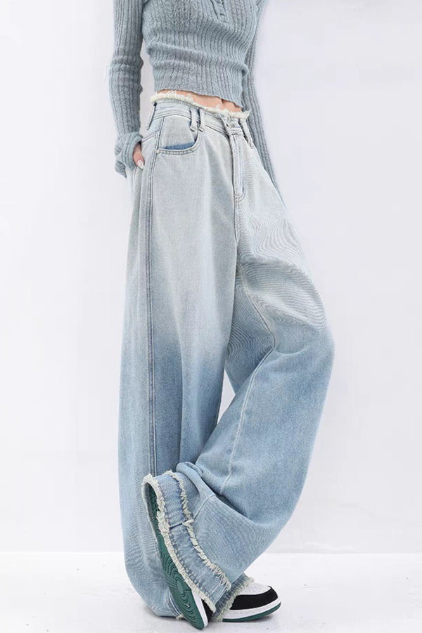 Jeans mit hoher Taille in Blau mit Used-Look
