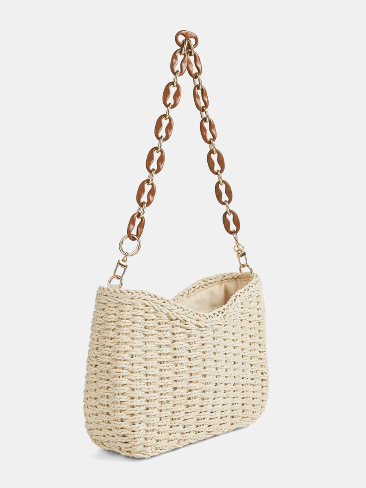 Schultertasche aus geflochtenem Stroh mit Kettenriemen – Cremeweiß