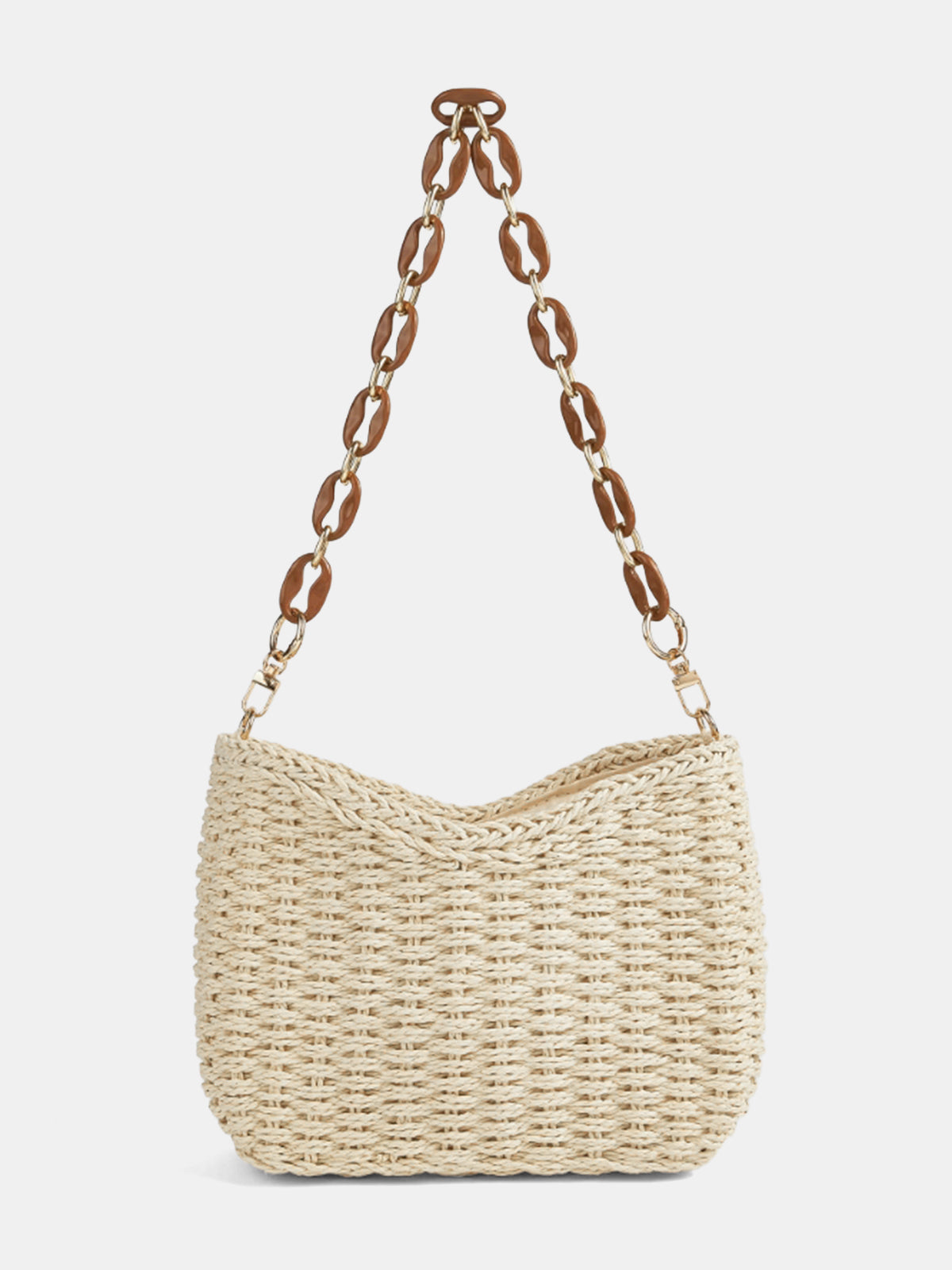 Schultertasche aus geflochtenem Stroh mit Kettenriemen – Cremeweiß
