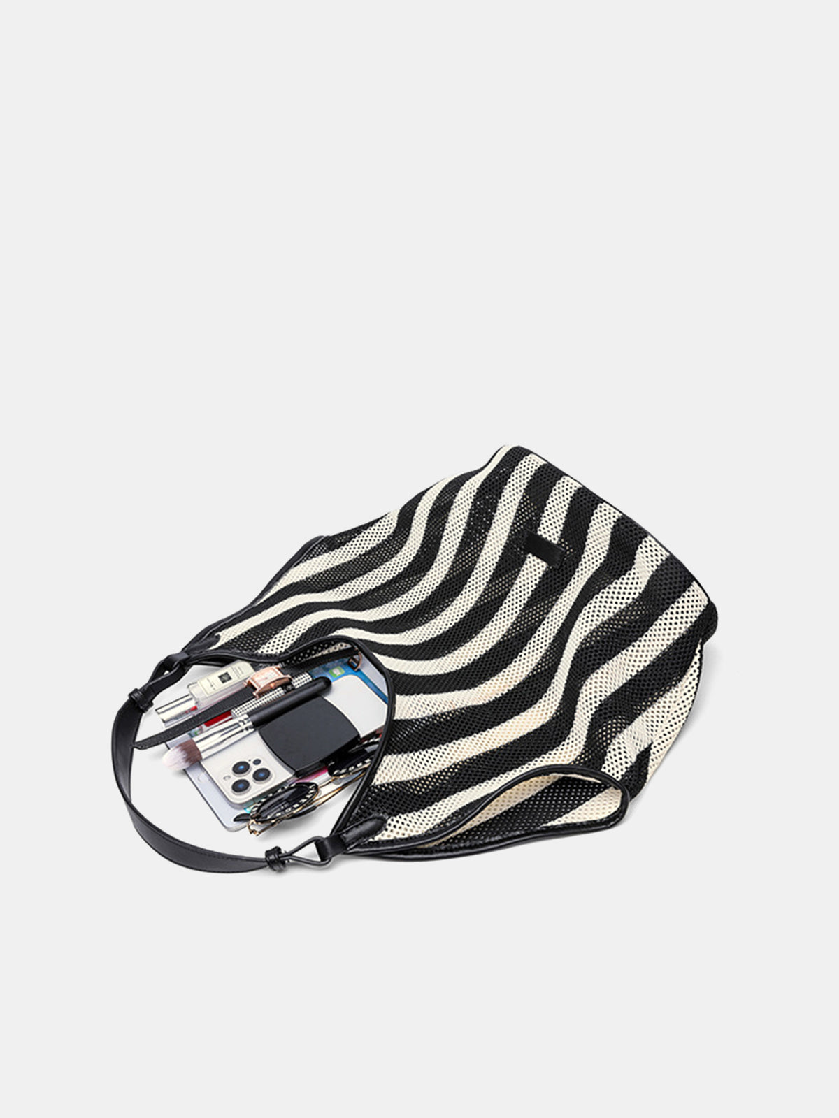 Hobo-Bag aus Netzgewebe im Streifen-Design