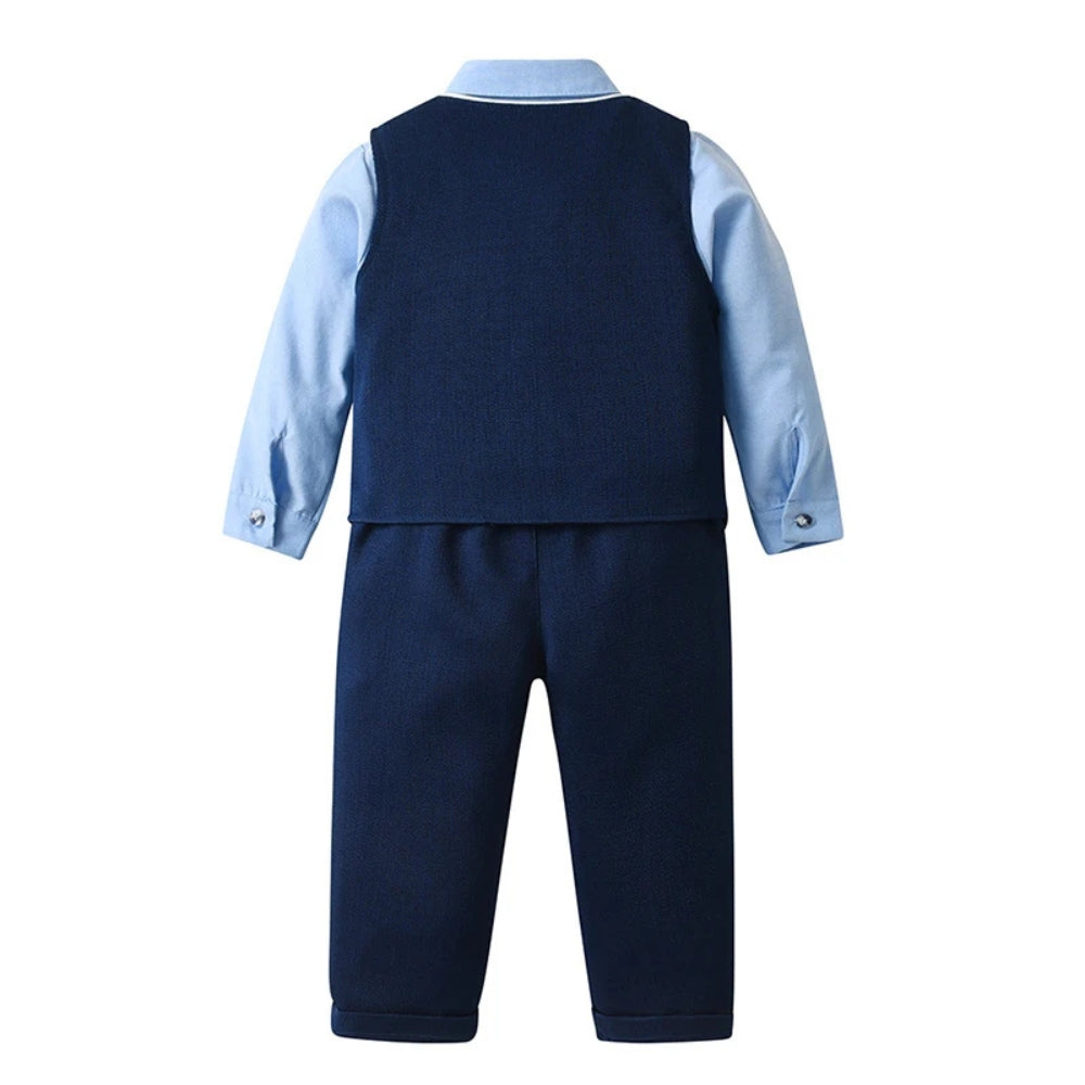 Schickes Jungenanzug 3-teilig – Blaues Hemd, Weste sowie Hose mit Fliege