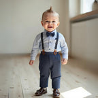 Schickes Jungenanzug 3-teilig – Blaues Hemd, Weste sowie Hose mit Fliege