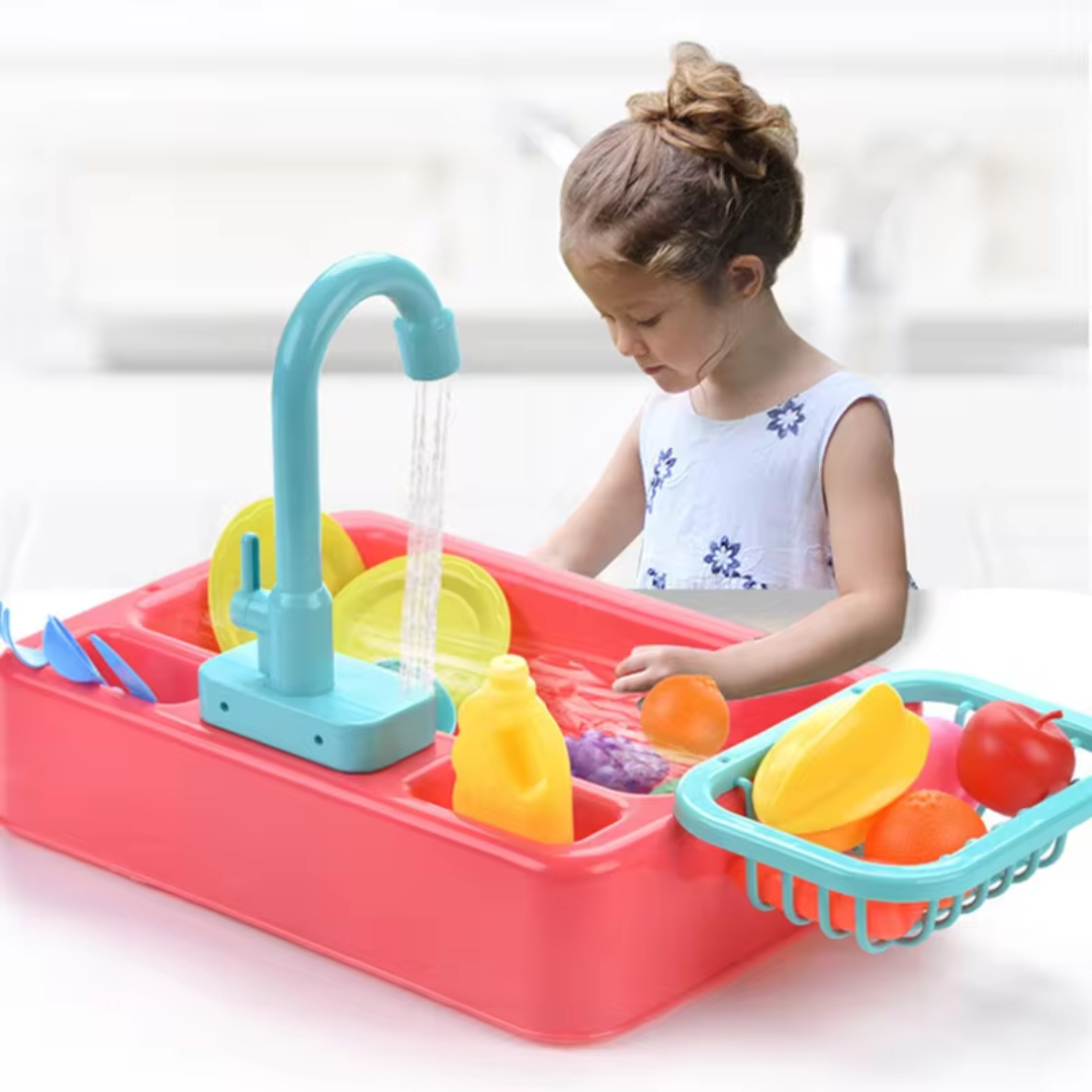 Mini Chef Spüle Spielset – Mit Fließendem Wasserhahn sowie Spielzeuggemüse