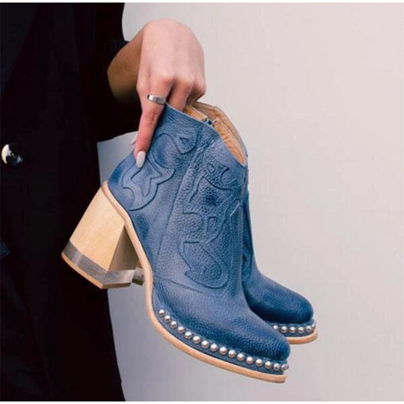 Stiefeletten im Vintage-Look mit Nieten, Stickerei und Blockabsatz