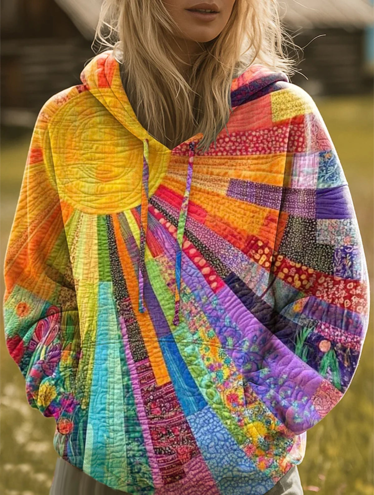 Boho Patchwork-Kapuzenpullover in Mehrfarbig