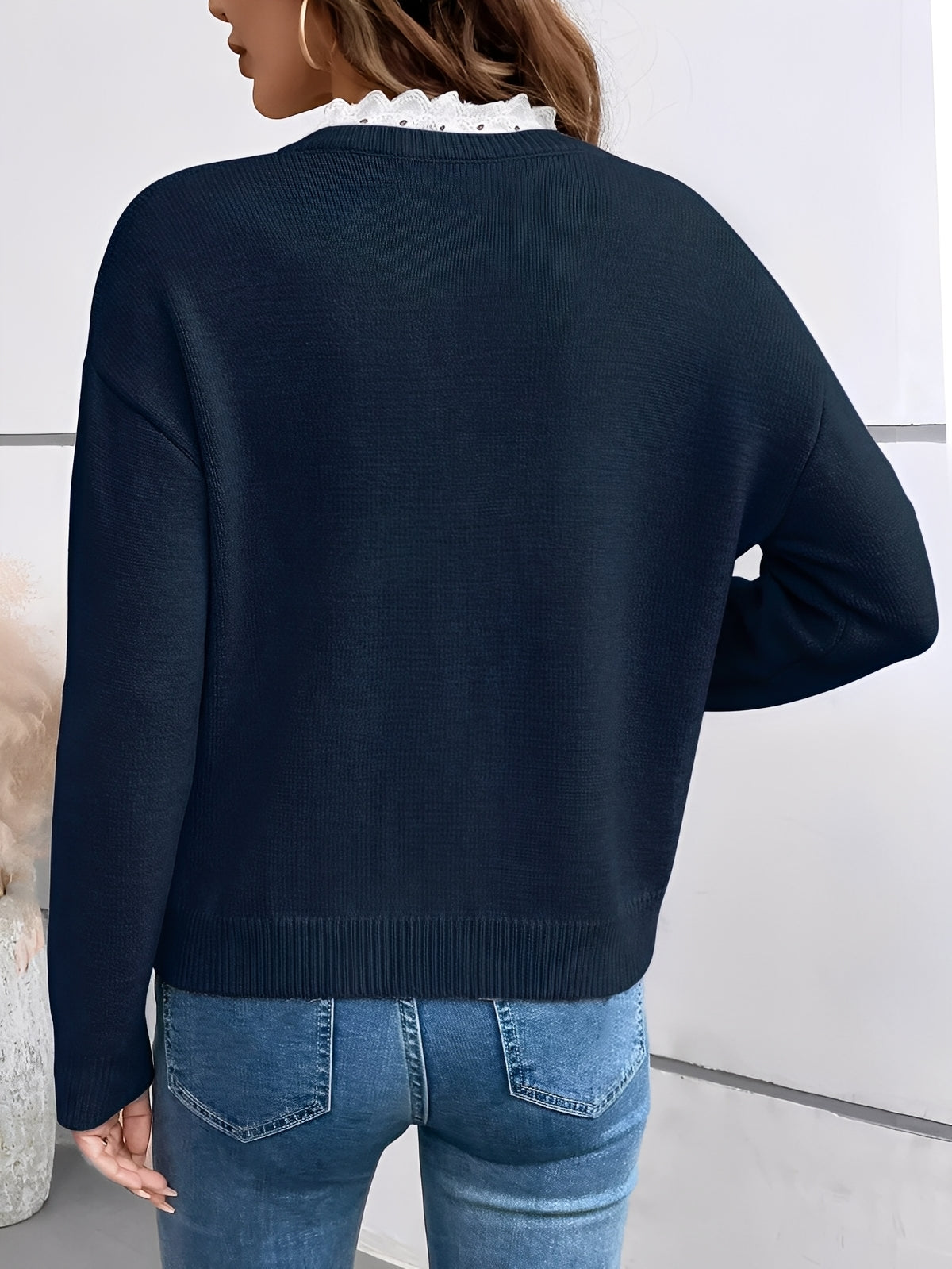 Damen V-Ausschnitt Pullover mit Spitze