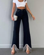High-Waist Straight-Leg-Jeans mit Quastensaum