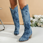 Kniehohe Stiefel in Denim-Optik mit runder Zehenpartie