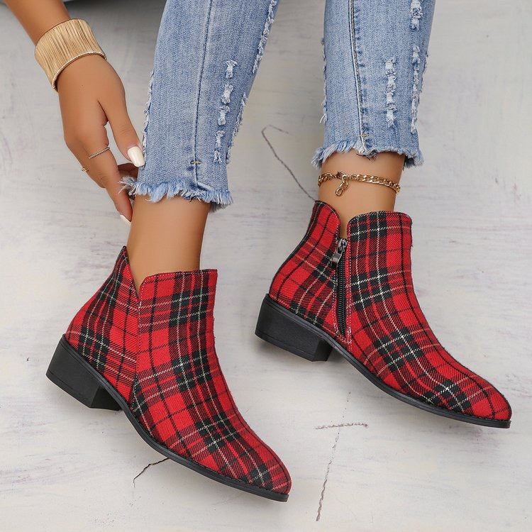 Schuhe in Denim-Optik mit Farbblock-Design, Blockabsatz und runder Zehenpartie