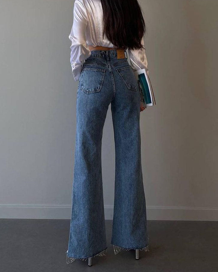 High-Waist Straight-Leg-Jeans mit Quastensaum