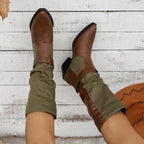 Wadenhohe Stiefel aus Canvas mit Blockabsatz und spitzer Zehenpartie