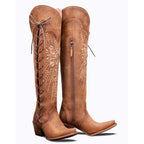 Overknee-Stiefel mit Schnürung, Reißverschluss und Stickerei