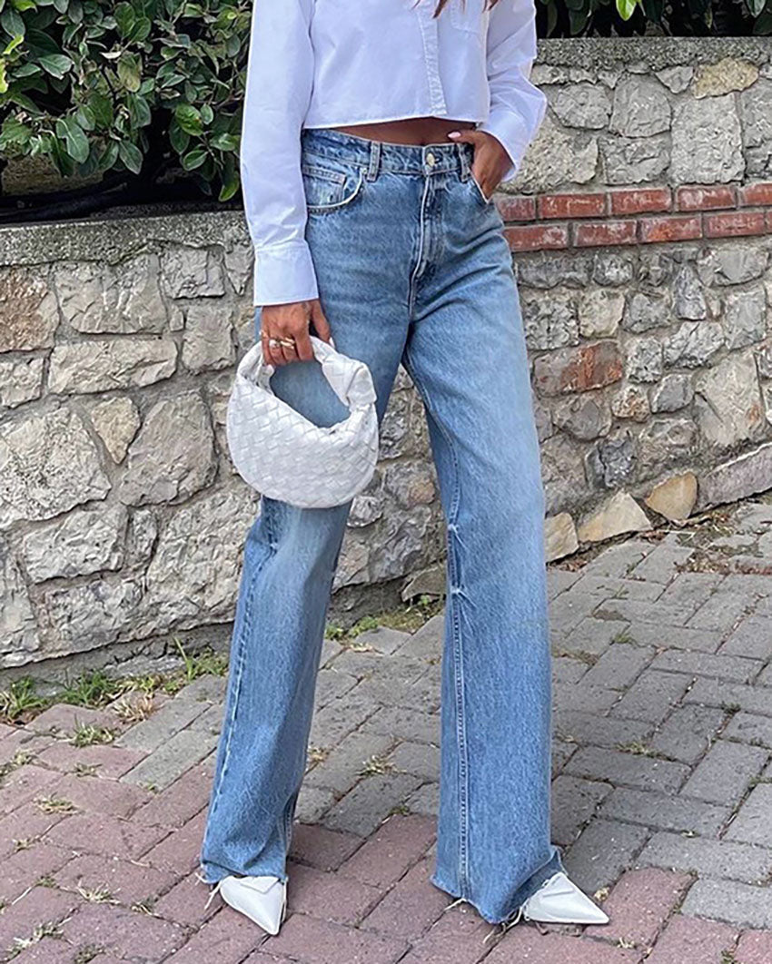 High-Waist Straight-Leg-Jeans mit ausgefranstem Saum