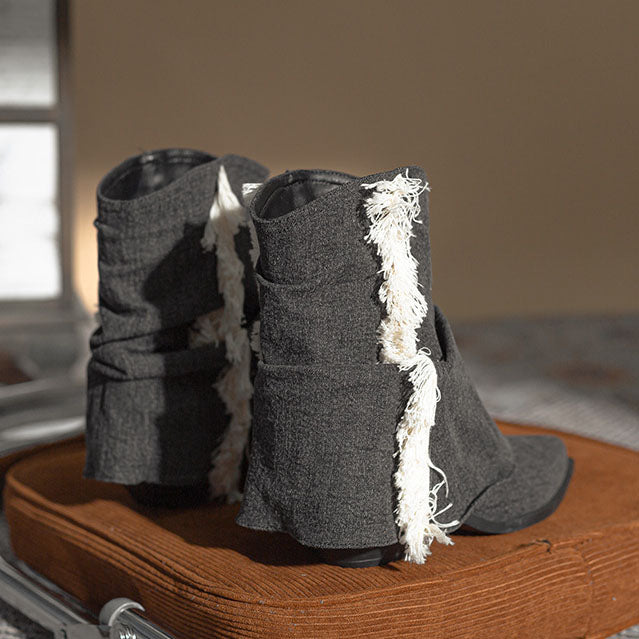 Cowboystiefel in Denim-Optik mit Fransen und Falten
