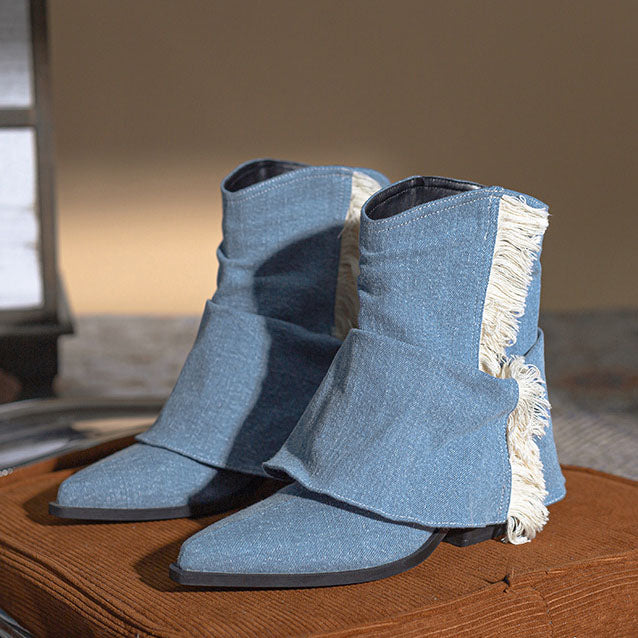 Cowboystiefel in Denim-Optik mit Fransen und Falten