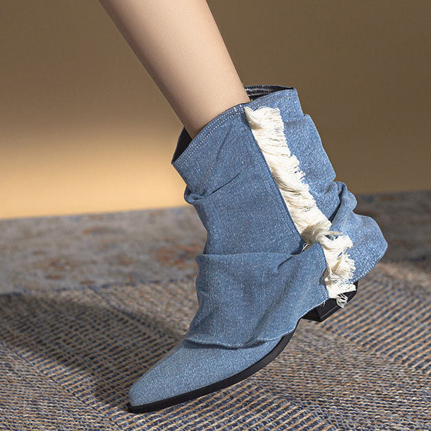 Cowboystiefel in Denim-Optik mit Fransen und Falten