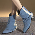 Cowboystiefel in Denim-Optik mit Fransen und Falten