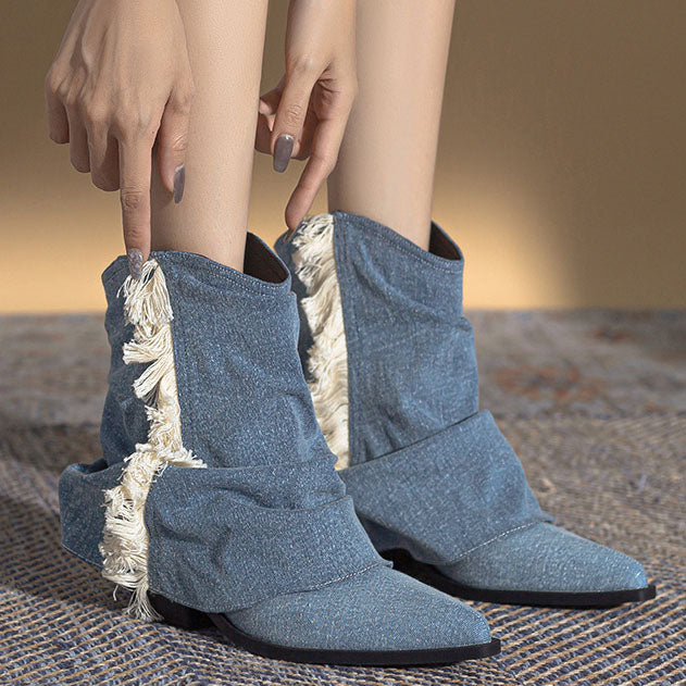 Cowboystiefel in Denim-Optik mit Fransen und Falten