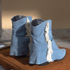 Cowboystiefel in Denim-Optik mit Fransen und Falten