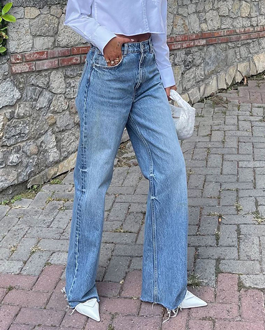 High-Waist Straight-Leg-Jeans mit ausgefranstem Saum