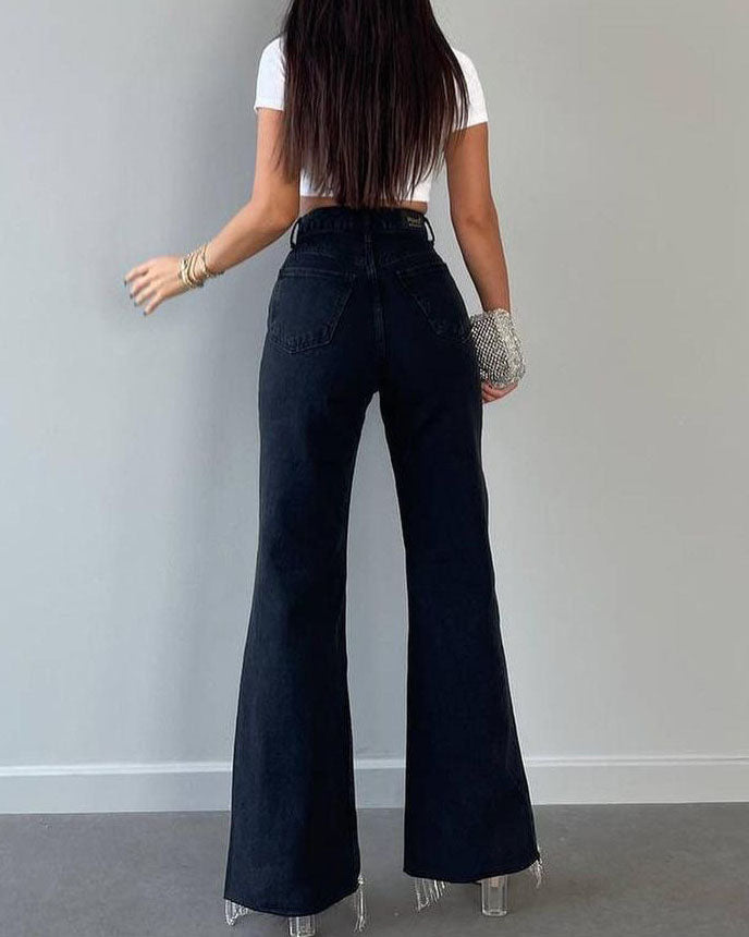 High-Waist Straight-Leg-Jeans mit Quastensaum