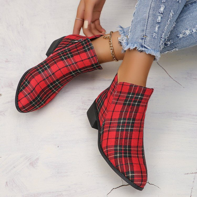 Schuhe in Denim-Optik mit Farbblock-Design, Blockabsatz und runder Zehenpartie