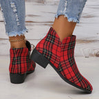 Schuhe in Denim-Optik mit Farbblock-Design, Blockabsatz und runder Zehenpartie