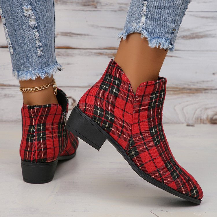 Schuhe in Denim-Optik mit Farbblock-Design, Blockabsatz und runder Zehenpartie