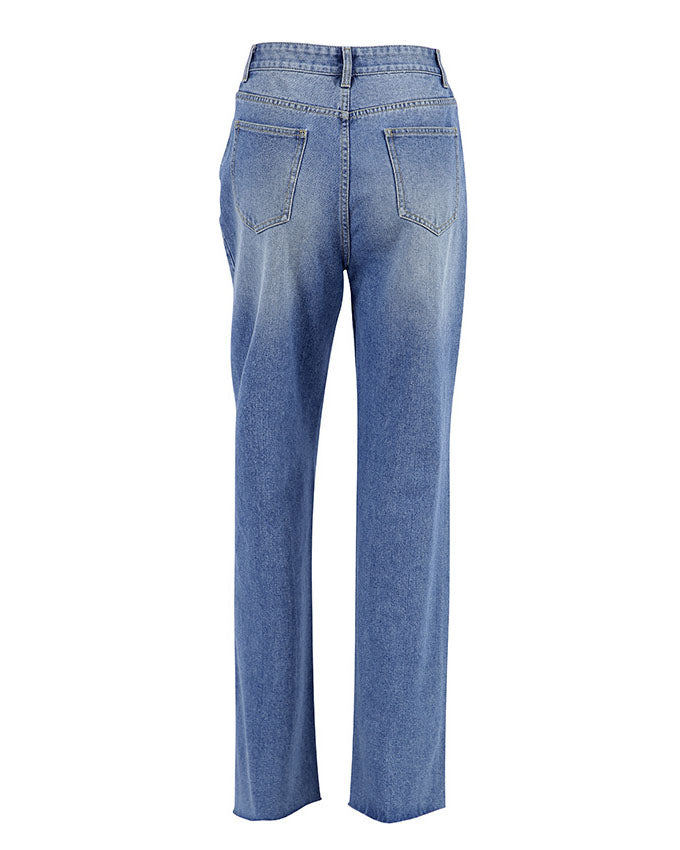 High-Waist Straight-Leg-Jeans mit ausgefranstem Saum