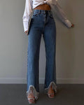 High-Waist Straight-Leg-Jeans mit Quastensaum