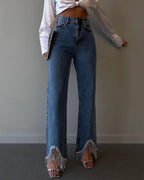 High-Waist Straight-Leg-Jeans mit Quastensaum