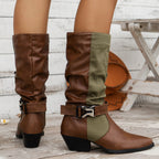 Wadenhohe Stiefel aus Canvas mit Blockabsatz und spitzer Zehenpartie