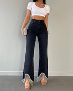 High-Waist Straight-Leg-Jeans mit Quastensaum