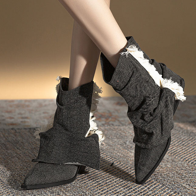 Cowboystiefel in Denim-Optik mit Fransen und Falten