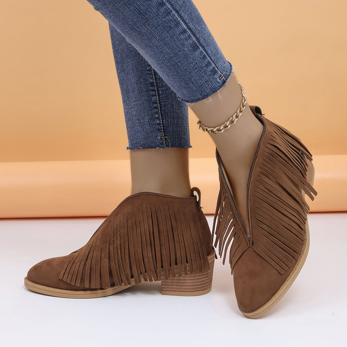 Stiefel aus Wildleder im Vintage-Look mit Fransen
