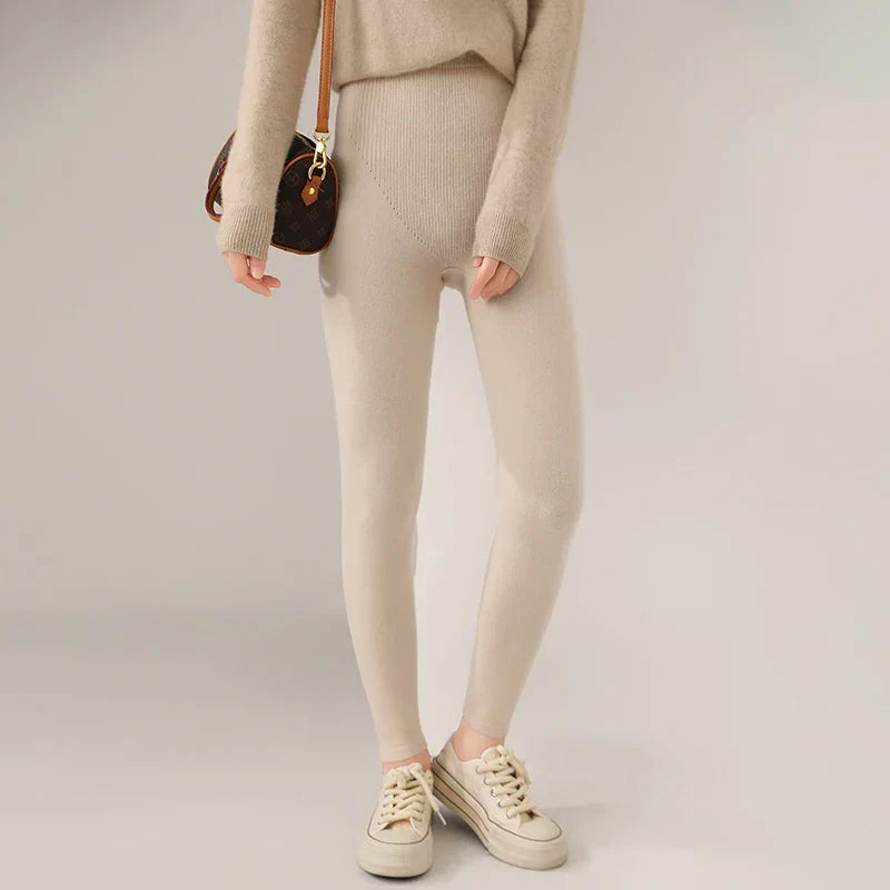 Strick-Kaschmir-Leggings inklusive Hoher Taille – Feinstrick Damenleggings in Neutralen Farbtönen