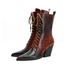 Damen Schnürstiefel inklusive Krokodilprägung – Western Stil mit Spitze