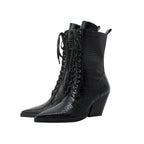 Damen Schnürstiefel inklusive Krokodilprägung – Western Stil mit Spitze