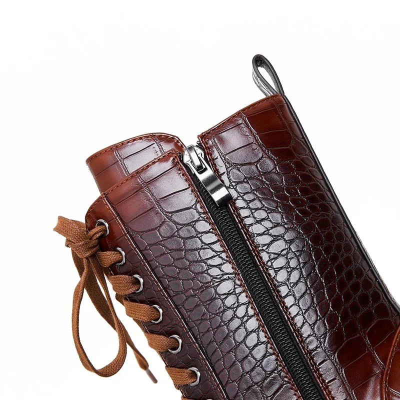 Damen Schnürstiefel inklusive Krokodilprägung – Western Stil mit Spitze