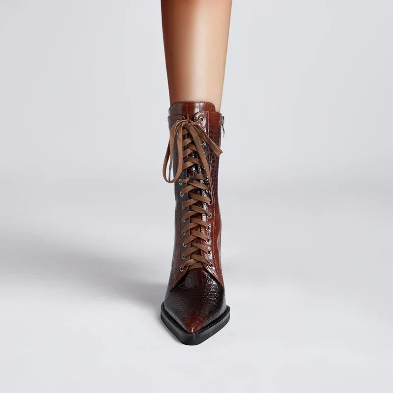 Damen Schnürstiefel inklusive Krokodilprägung – Western Stil mit Spitze