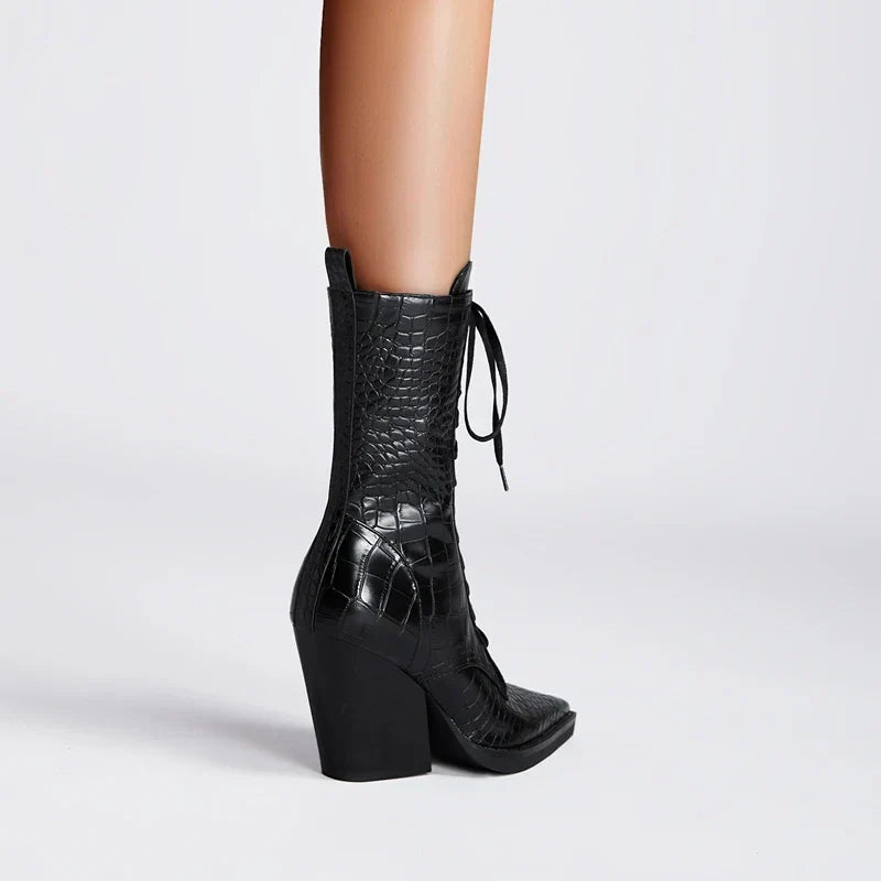 Damen Schnürstiefel inklusive Krokodilprägung – Western Stil mit Spitze