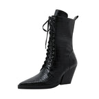 Damen Schnürstiefel inklusive Krokodilprägung – Western Stil mit Spitze