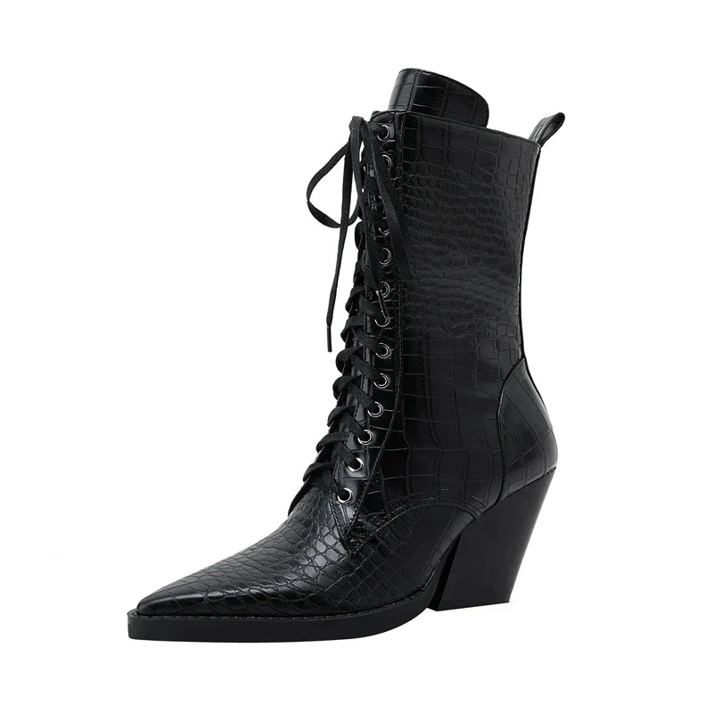 Damen Schnürstiefel inklusive Krokodilprägung – Western Stil mit Spitze