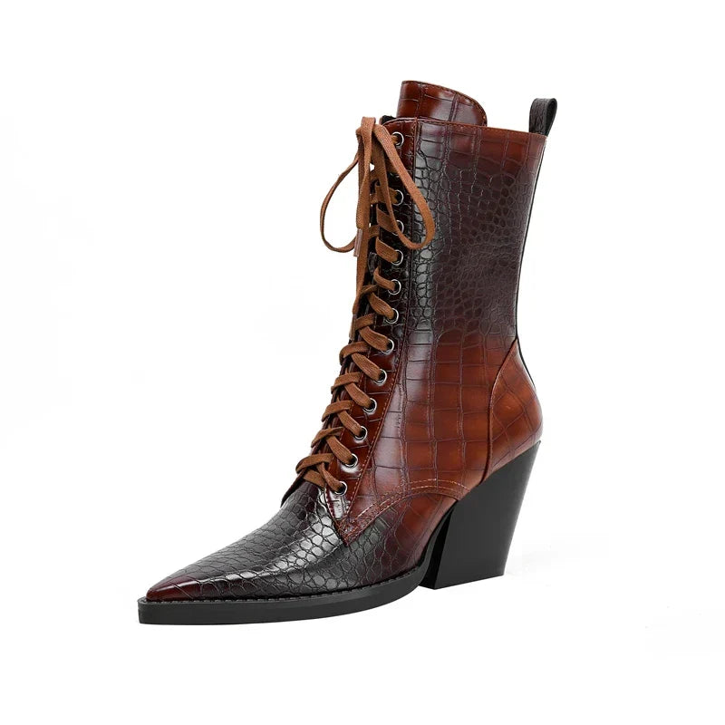 Damen Schnürstiefel inklusive Krokodilprägung – Western Stil mit Spitze