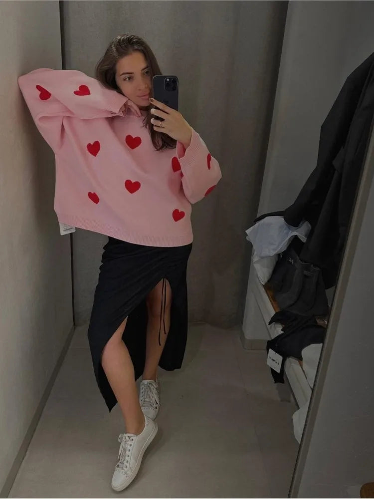 Pullover mit Herzmuster und Rundhalsausschnitt